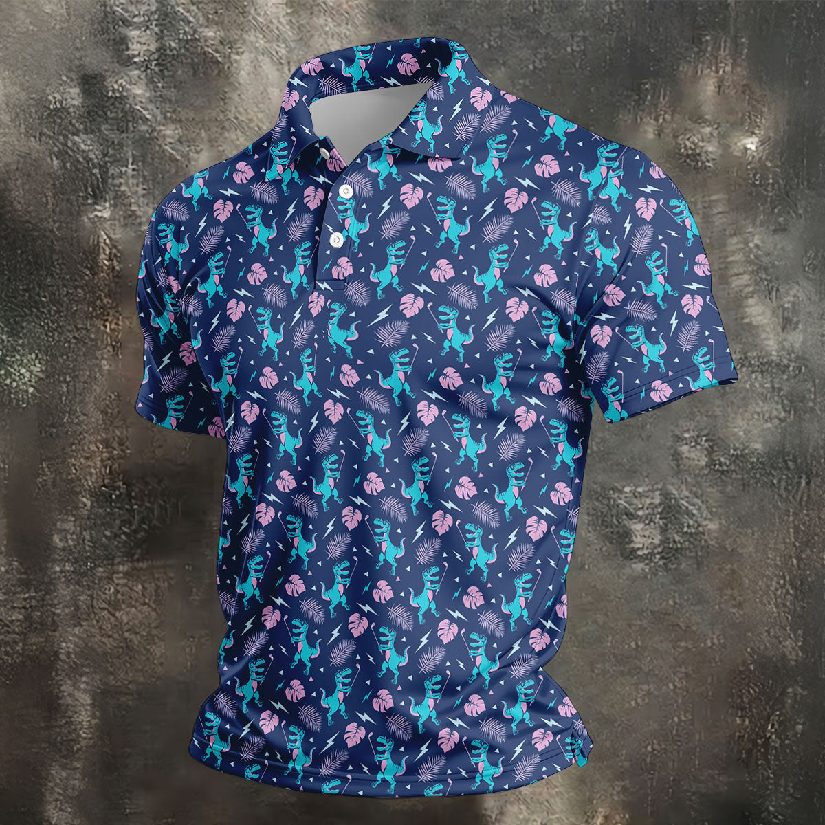 Funny Dinosaur Golfer Tropical Pattern Polo Shirt, Mens Golf Polo, Printed Golf Shirts