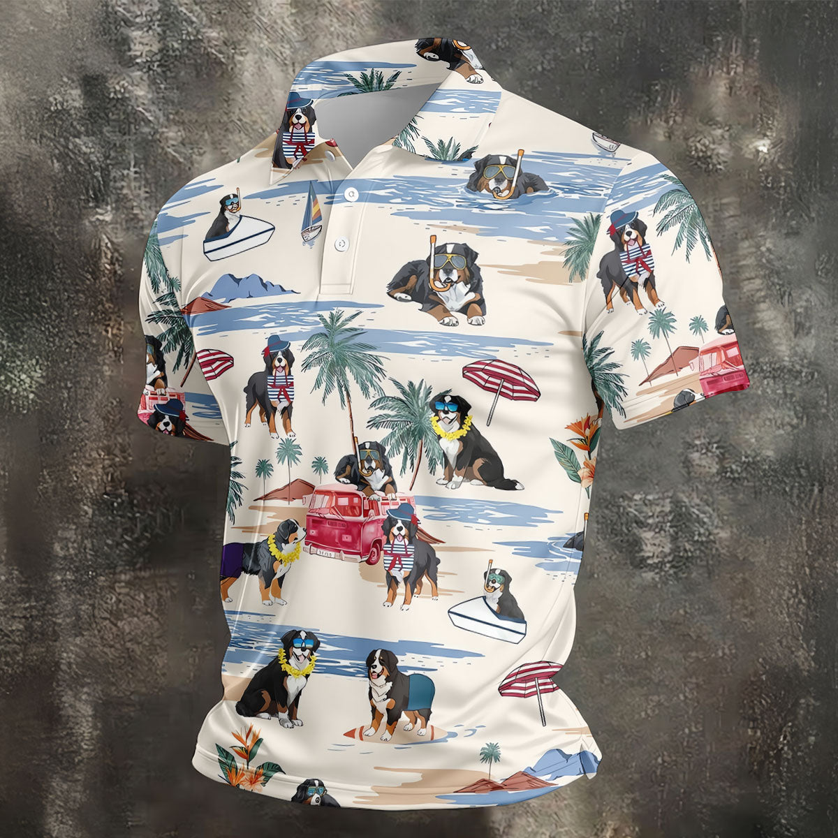 Tropical Bernese Mountain Dog Beach Hawaiian Golf Polo Shirt, Printed Golf Shirts, Golf Apparel For Men