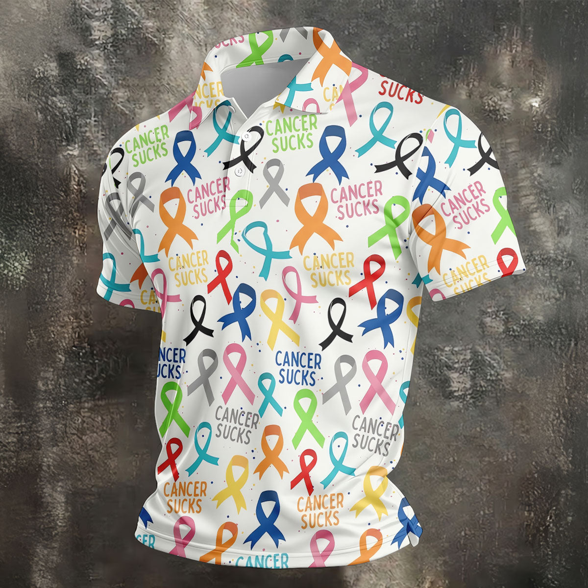 Cancer Sucks Multicolor Awareness Ribbon Polo Shirt, Mens Golf Polo, Printed Golf Shirts
