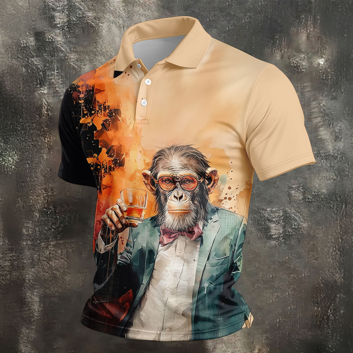 Gentleman Monkey Whiskey Golden Sunset Hawaiian Golf Polo, Golf Tops For Men, Golfing Apparel