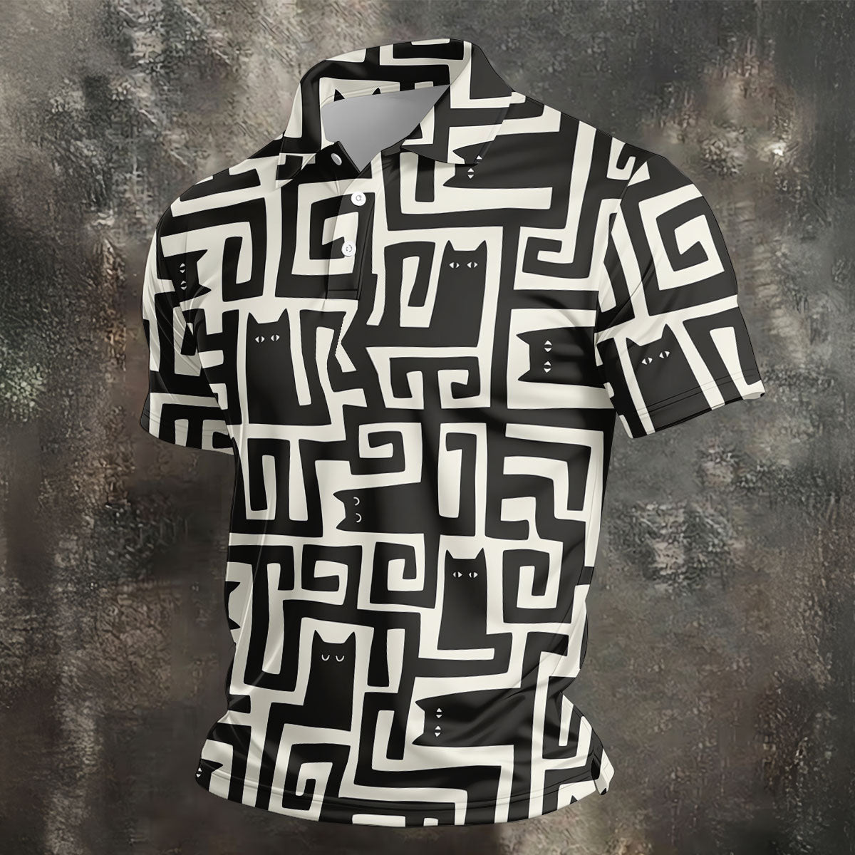 Minimalist Black Cat Maze Pattern Golf Polo Shirt, Men's Golf Shirt, Printed Golf Shirts