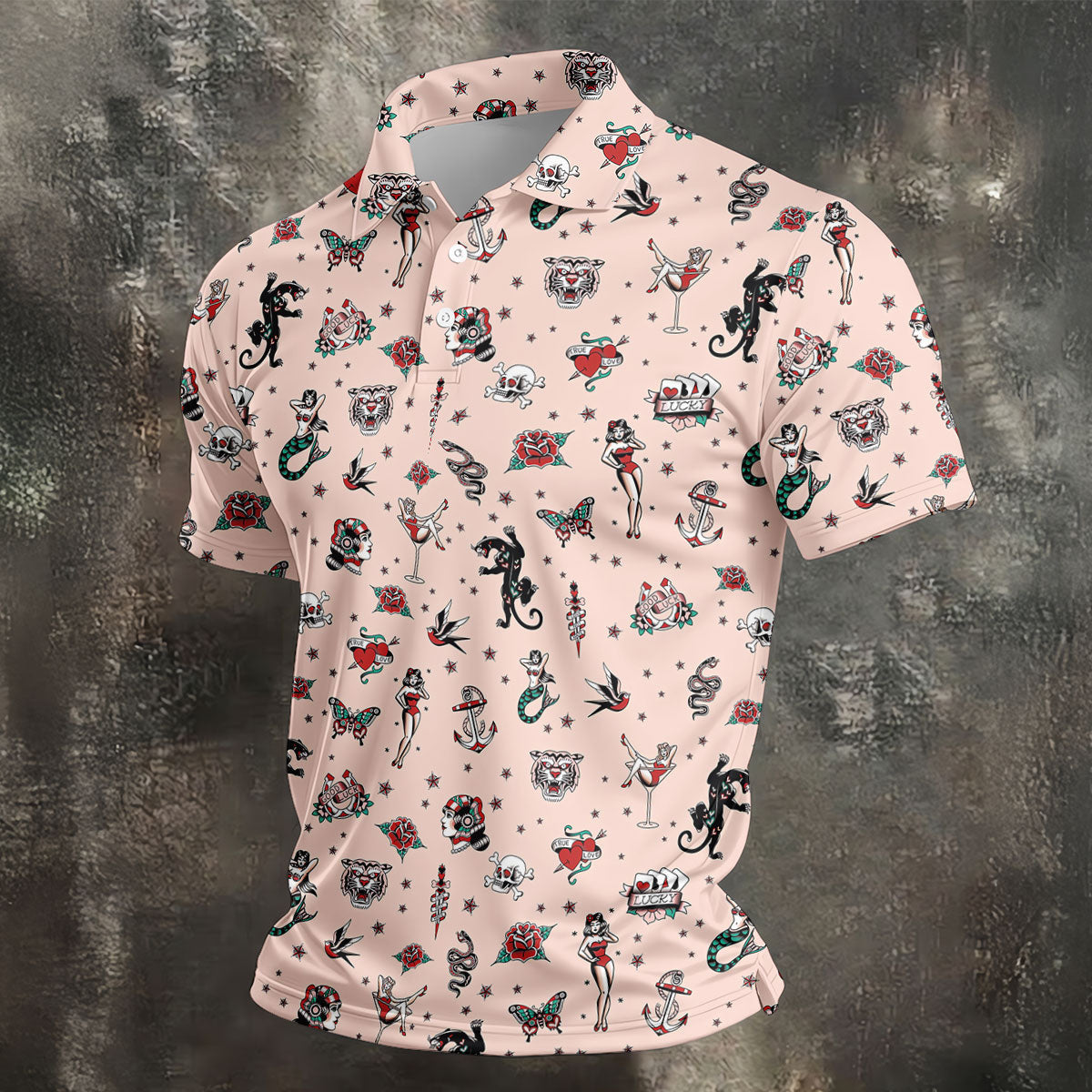 Vintage Tattoo Flash Icon Golf Polo Shirt, Golf Polo Shirts For Men, Mens Golf Apparel