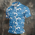 Japanese Wave Golf Shirt, Ocean Wave Pattern Men's Golf Polo, Polo Shirts For Men