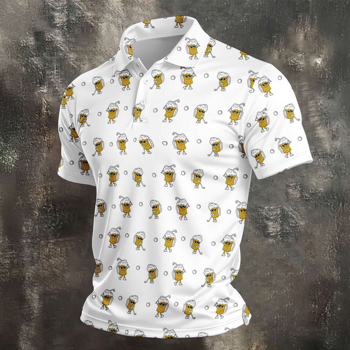 Cartoon Beer Mug Golfer Pattern Golf Polo Shirt, Polo Shirts For Men, Printed Golf Shirts