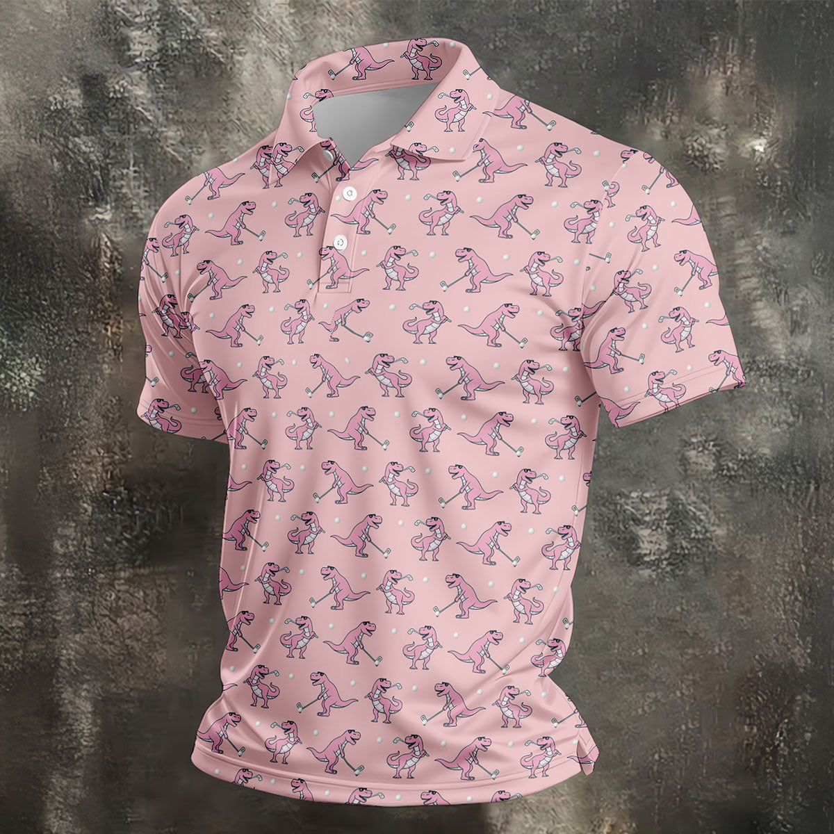 Pink T-Rex Dinosaur Golfer Pattern Golf Polo Shirt, Golf Shirts For Men, Mens Golf Apparel