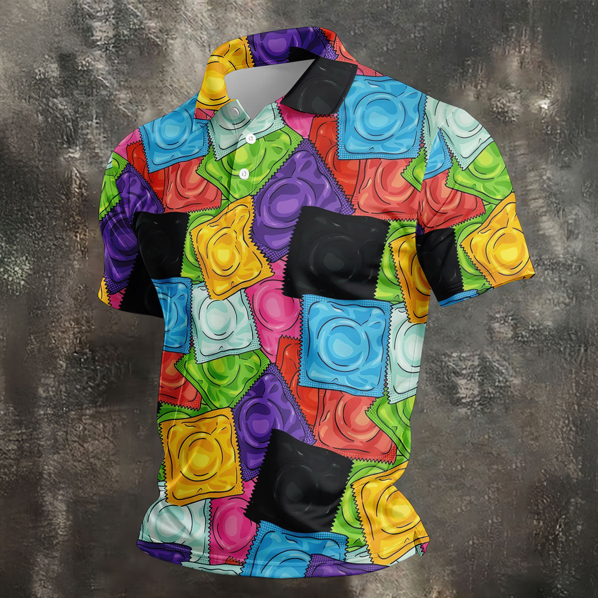 Funny Condom Wrapper Pattern Golf Polo Shirt, Men's Golf Shirts, Novelty Golf Apparel For Men
