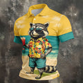 Cool Raccoon Tropical Yellow Hawaiian Golf Polo, Golf Tops For Men, Golfing Apparel