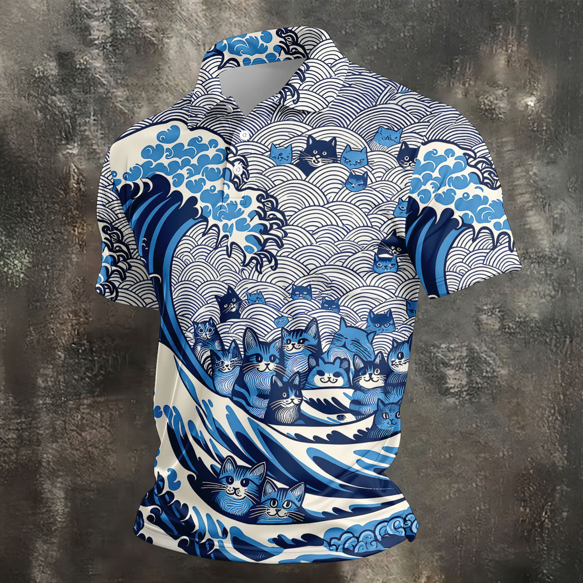 Japanese Wave Cat Hawaiian Golf Shirt, Golf Shirts For Men, Mens Golf Apparel