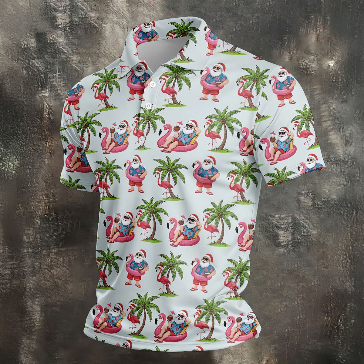 Tropical Santa Flamingo Beach Golf Polo, Christmas Golf Shirt, Golf Apparel For Men