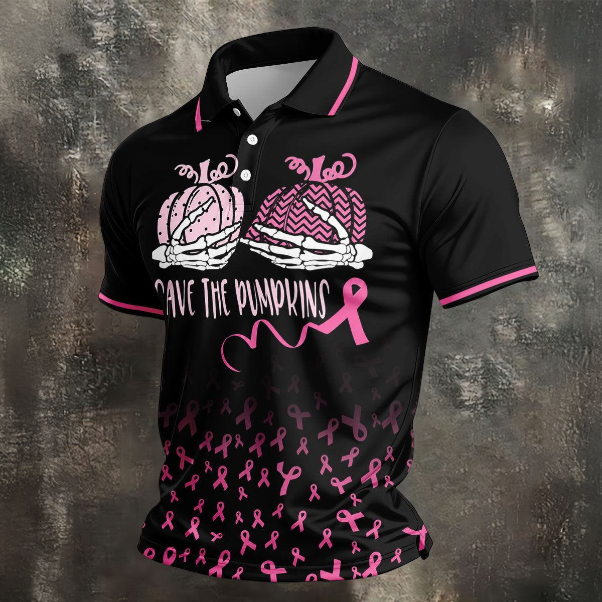 Save The Pumpkins Skeleton Breast Cancer Polo Shirt, Mens Golf Polo, Printed Golf Shirts
