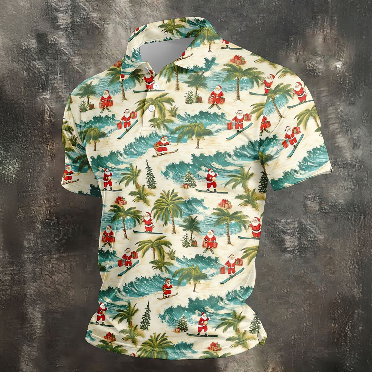 Christmas Santa Surfing Tropical Hawaiian Golf Shirt, Golf Shirts For Men, Printed Golf Shirts