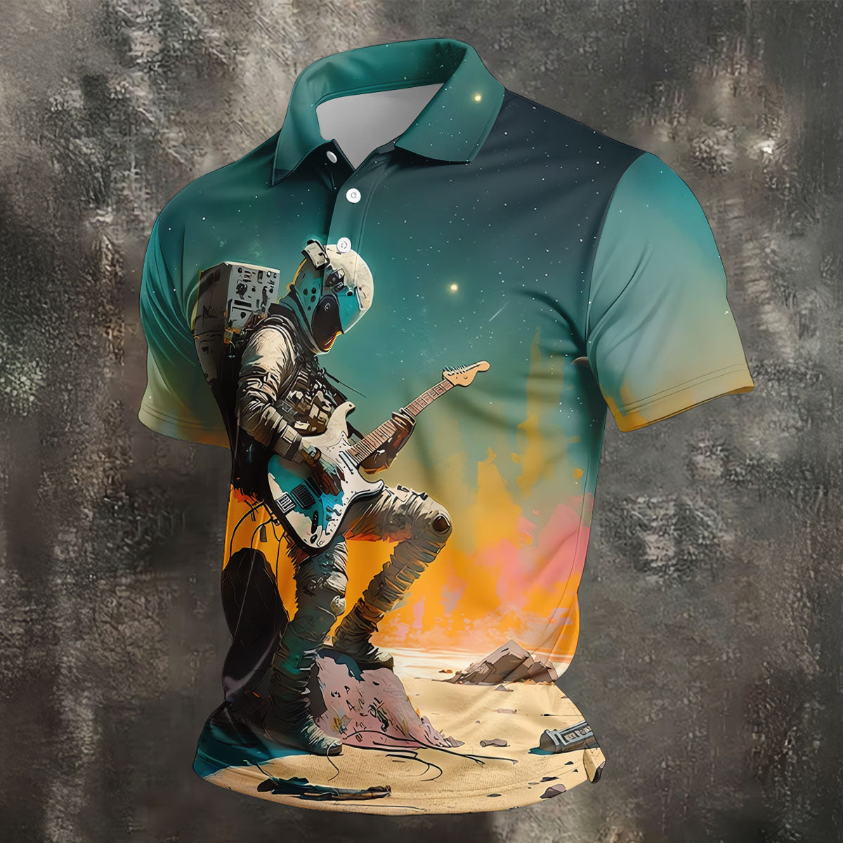 Astronaut Rock Guitar Teal Sunset Hawaiian Golf Polo, Golf Tops For Men, Golfing Apparel