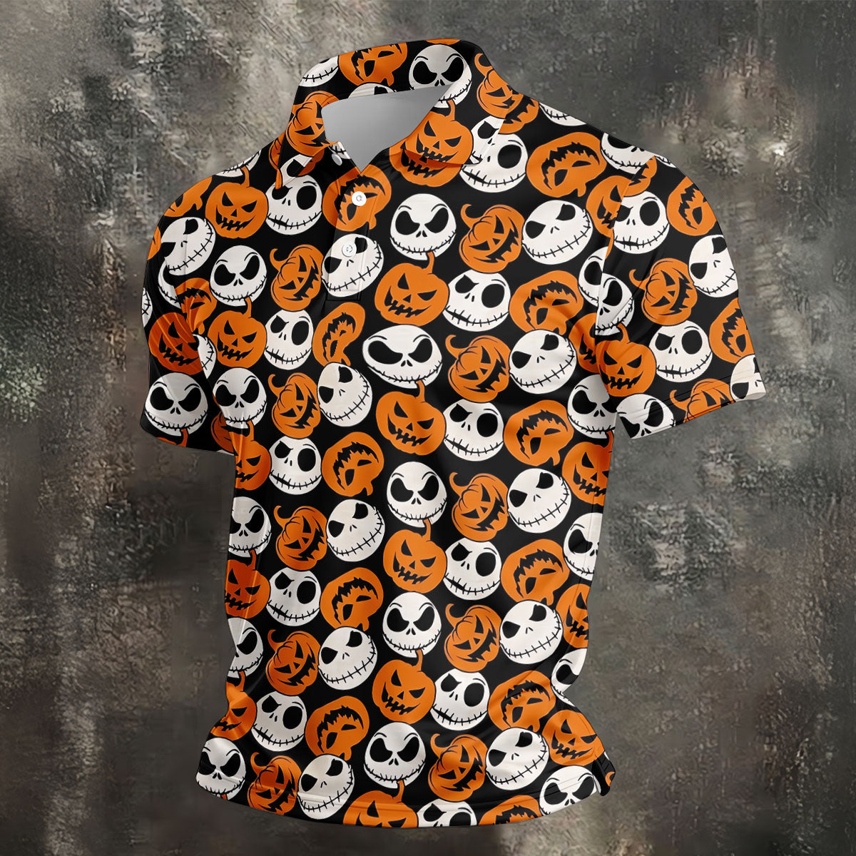Halloween Skull Pumpkin Pattern Golf Polo Shirt, Men's Golf Shirt, Hawaiian Golf Shirt