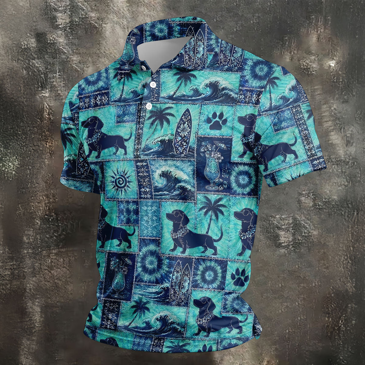 Funny Tropical Dog Surf Patchwork Golf Polo Shirt, Mens Golf Polo, Printed Golf Shirts