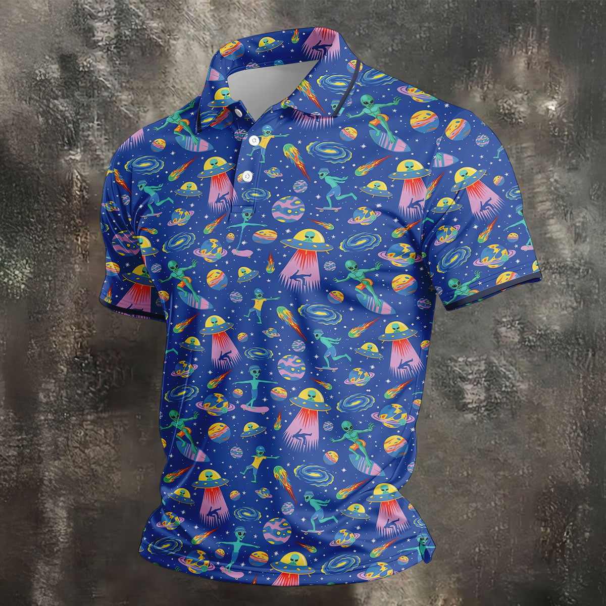 Surfing Alien Space Galaxy Hawaiian Golf Shirt, Hawaiian Golf Shirt, Golf Shirts For Men