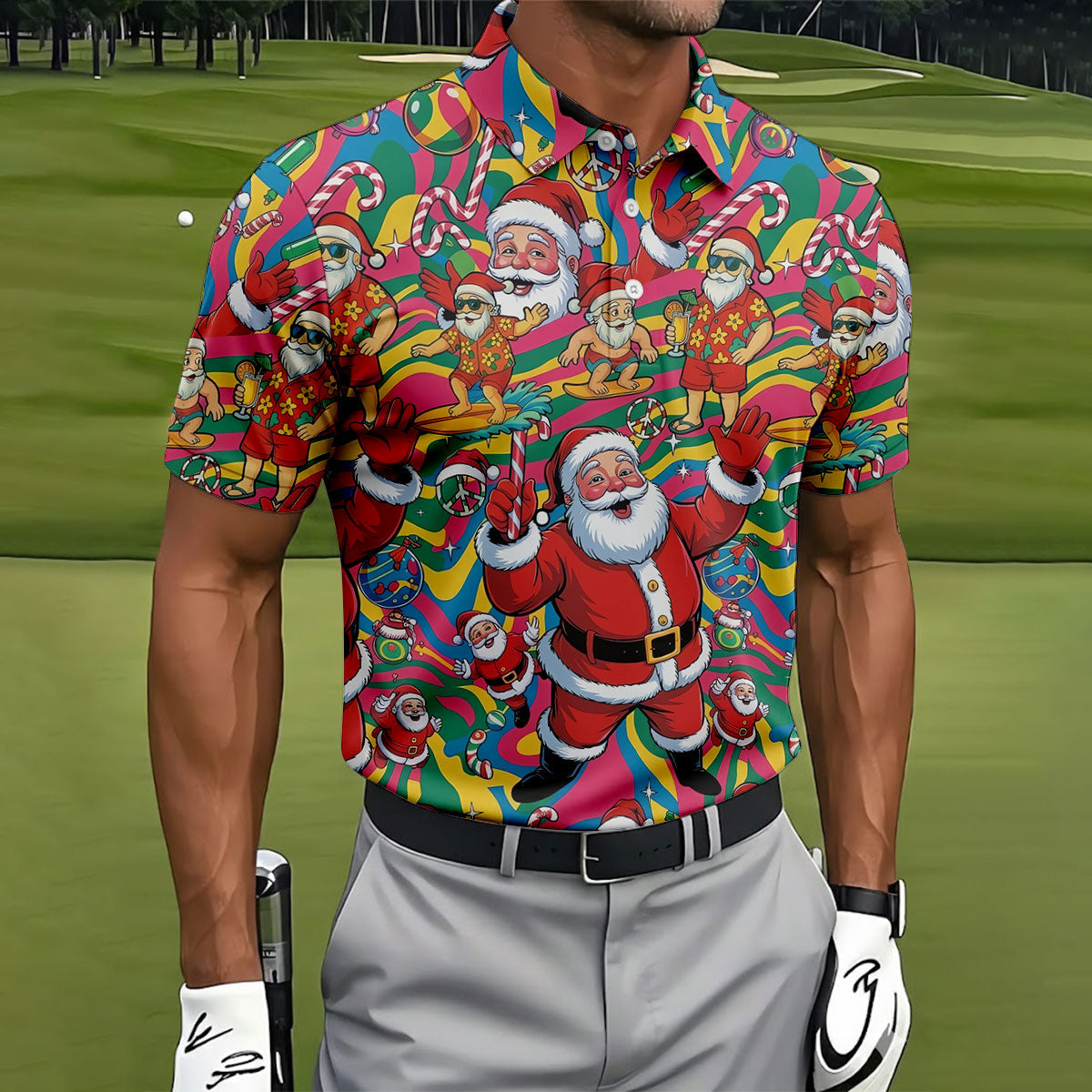 Funny Tropical Santa Christmas Polo Shirt, Mens Golf Polo, Christmas Shirts For Men
