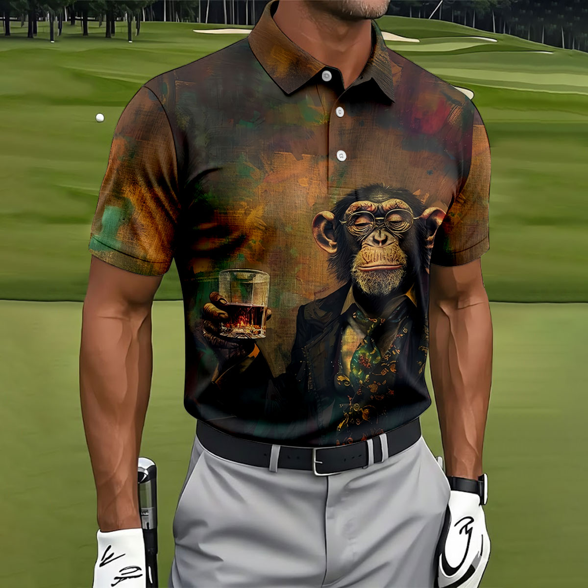 Monkey Gentleman Vintage Oak Hawaiian Golf Polo, Golf Tops For Men, Golfing Apparel