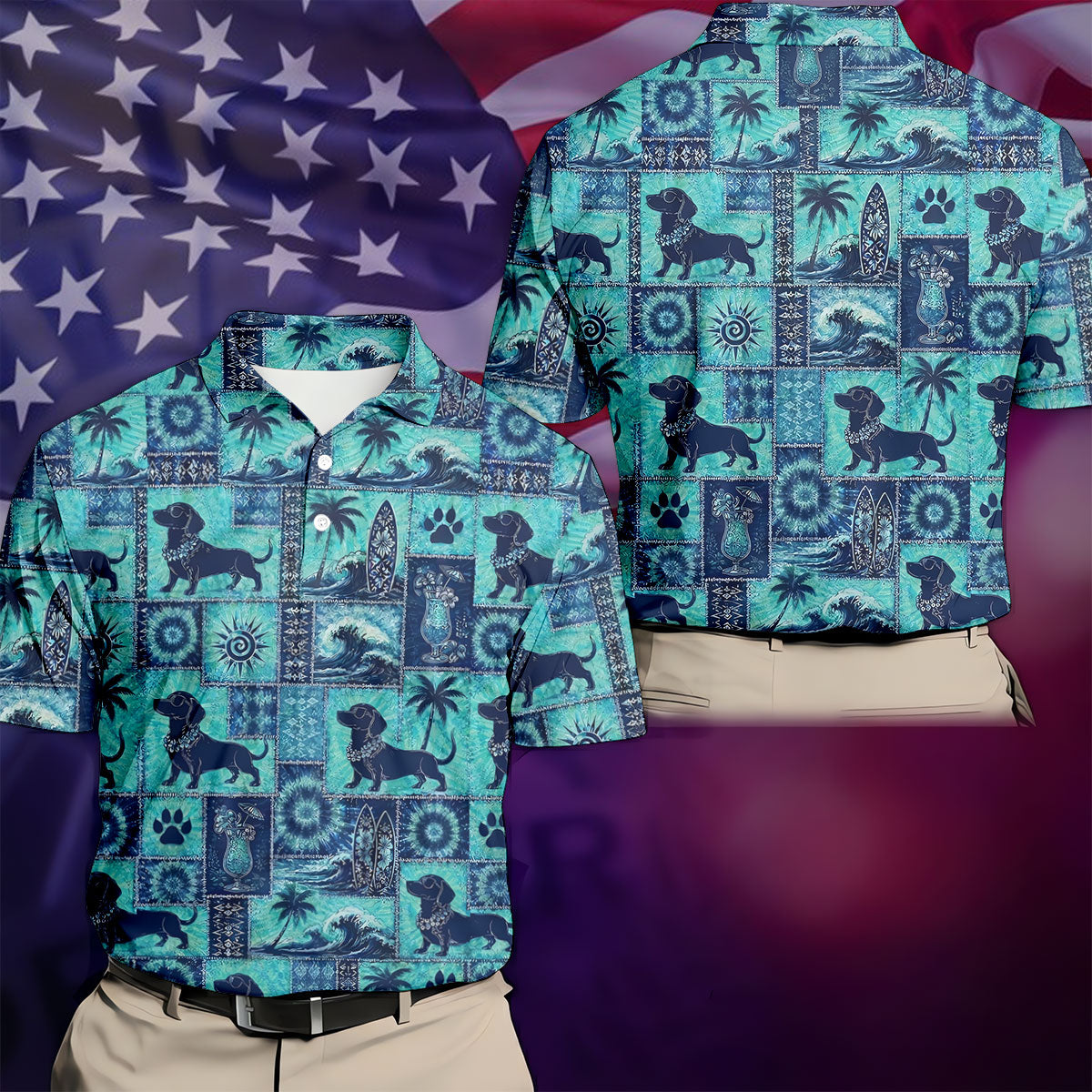 Funny Tropical Dog Surf Patchwork Golf Polo Shirt, Mens Golf Polo, Printed Golf Shirts