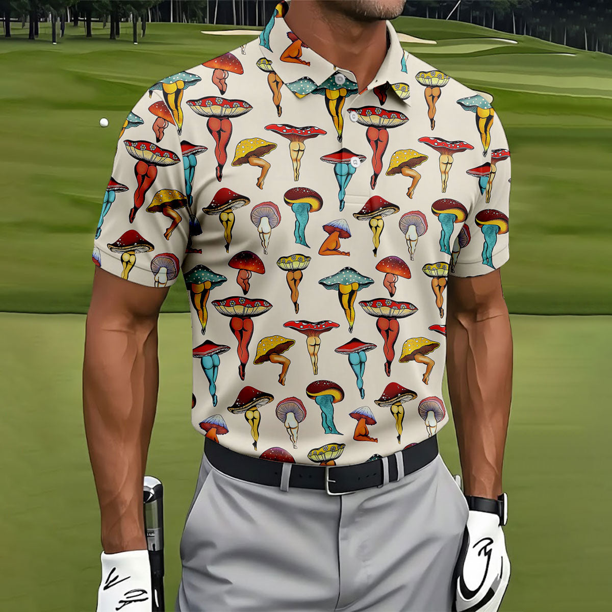 Funny Mushroom Legs Pattern Golf Polo Shirt, Printed Golf Shirts, Golf Polo Shirts For Men