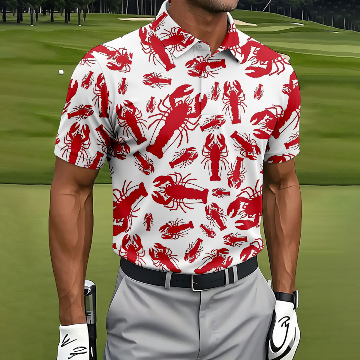 Lobster Pattern Vintage Hawaiian Golf Shirt, Men's Golf Shirt, Polo Shirts For Men