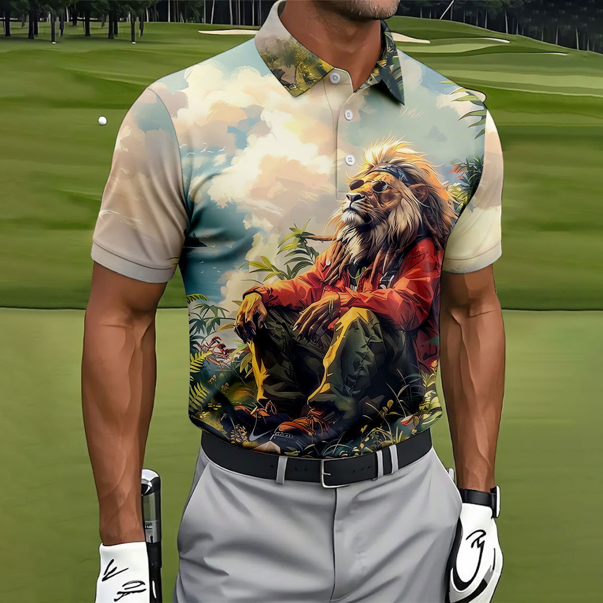 Lion Dreamscape Mist Hawaiian Golf Polo, Golf Tops For Men, Golfing Apparel