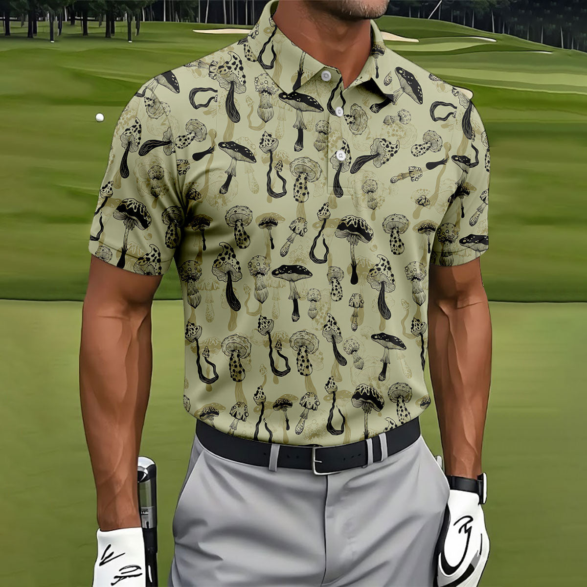 Mushroom Pattern Hand-drawn Art Hawaiian Golf Shirt, Men's Golf Shirt, Polo Shirts For Men