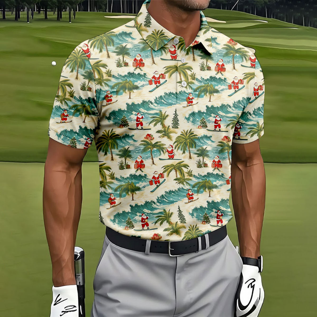 Christmas Santa Surfing Tropical Hawaiian Golf Shirt, Golf Shirts For Men, Printed Golf Shirts