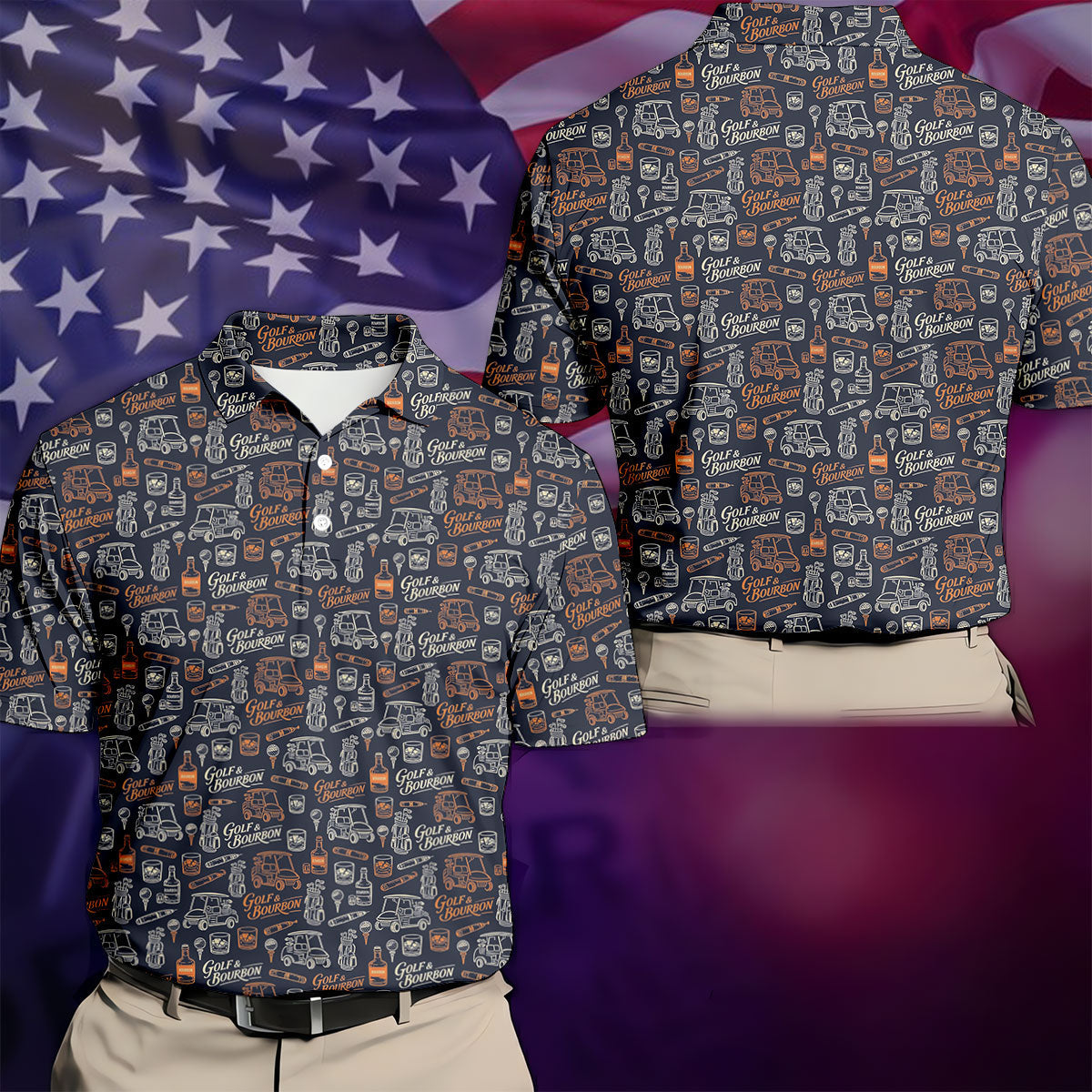 Funny Golf Bourbon Cigar Pattern Polo Shirt, Golf Polo Shirts For Men, Mens Golf Apparel