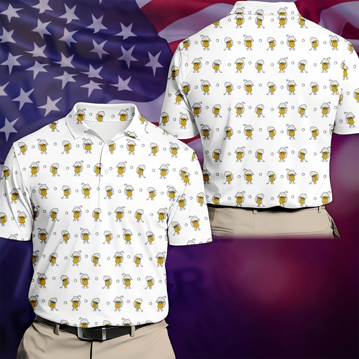Cartoon Beer Mug Golfer Pattern Golf Polo Shirt, Polo Shirts For Men, Printed Golf Shirts