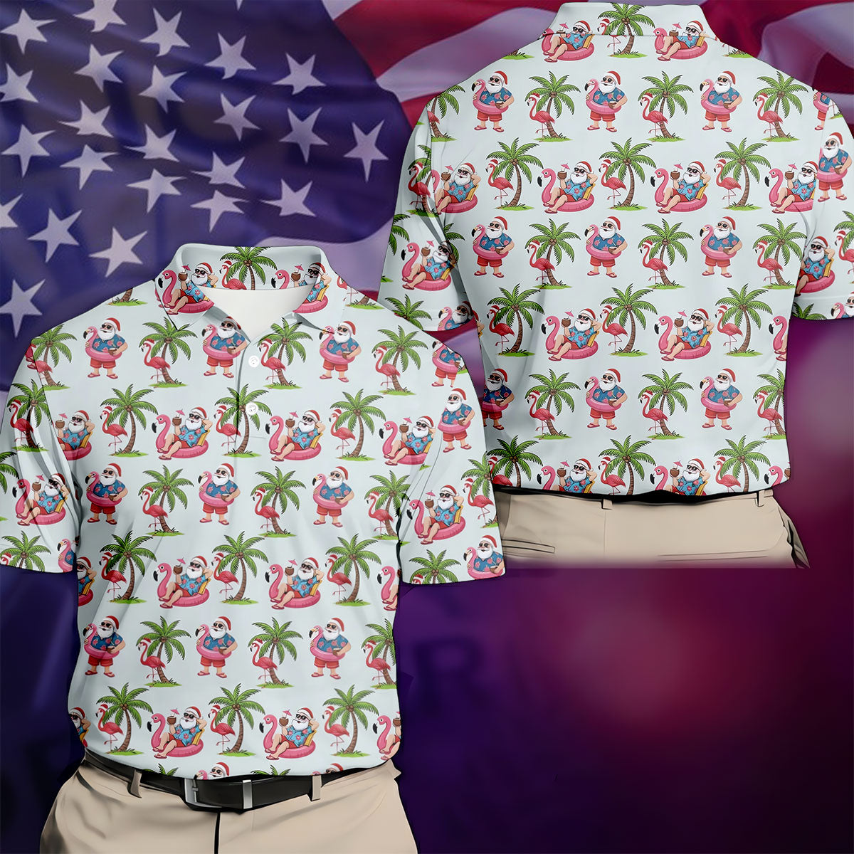 Tropical Santa Flamingo Beach Golf Polo, Christmas Golf Shirt, Golf Apparel For Men