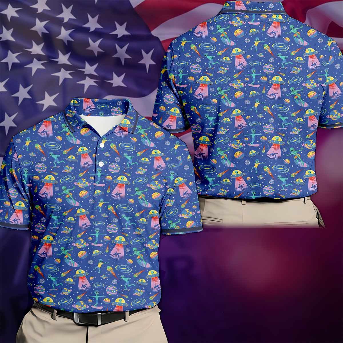 Surfing Alien Space Galaxy Hawaiian Golf Shirt, Hawaiian Golf Shirt, Golf Shirts For Men