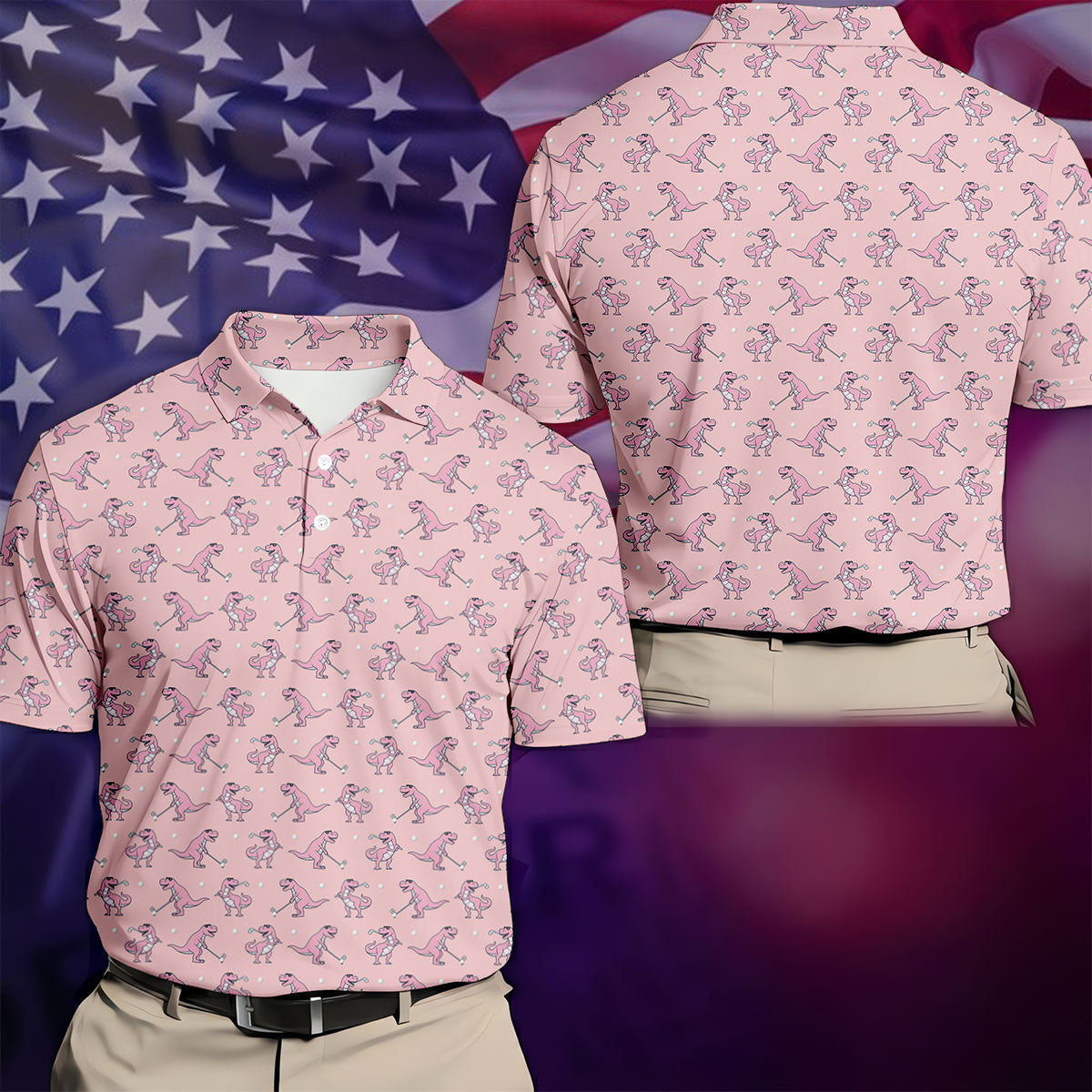 Pink T-Rex Dinosaur Golfer Pattern Golf Polo Shirt, Golf Shirts For Men, Mens Golf Apparel