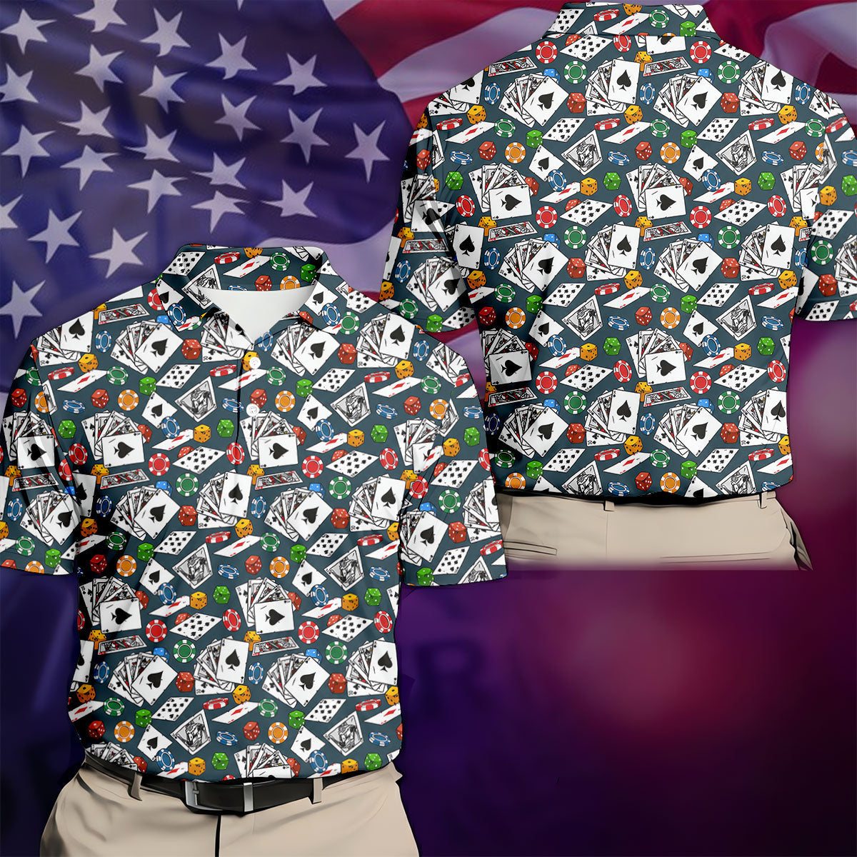 Poker Blackjack Hawaiian Golf Shirt, Playing Card Pattern Men's Golf Shirt, Polo Shirts For Men