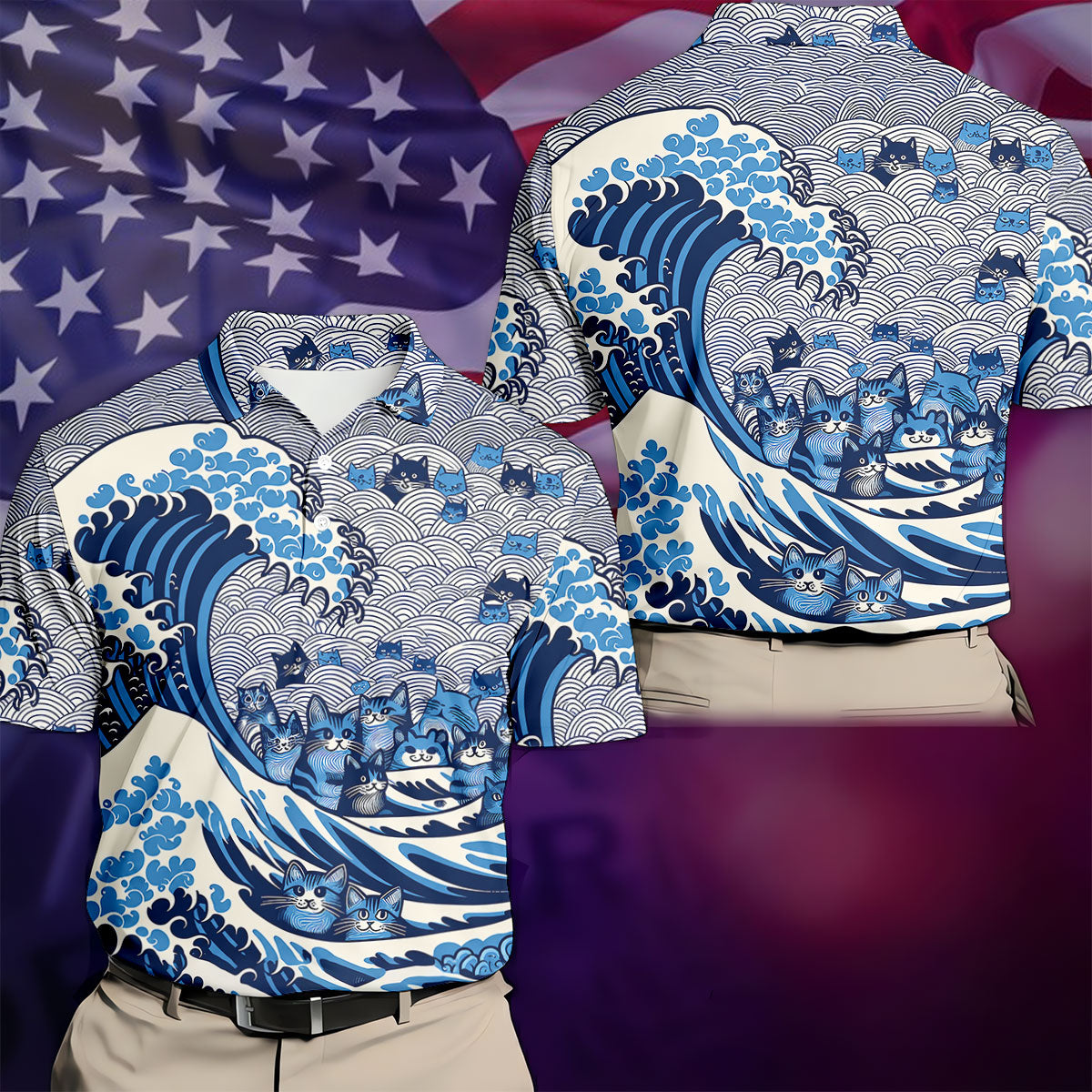 Japanese Wave Cat Hawaiian Golf Shirt, Golf Shirts For Men, Mens Golf Apparel