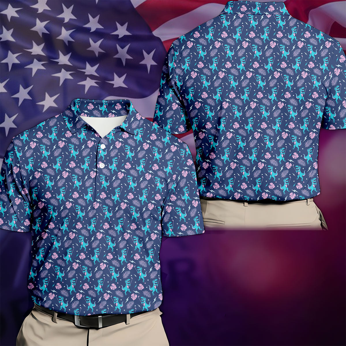Funny Dinosaur Golfer Tropical Pattern Polo Shirt, Mens Golf Polo, Printed Golf Shirts