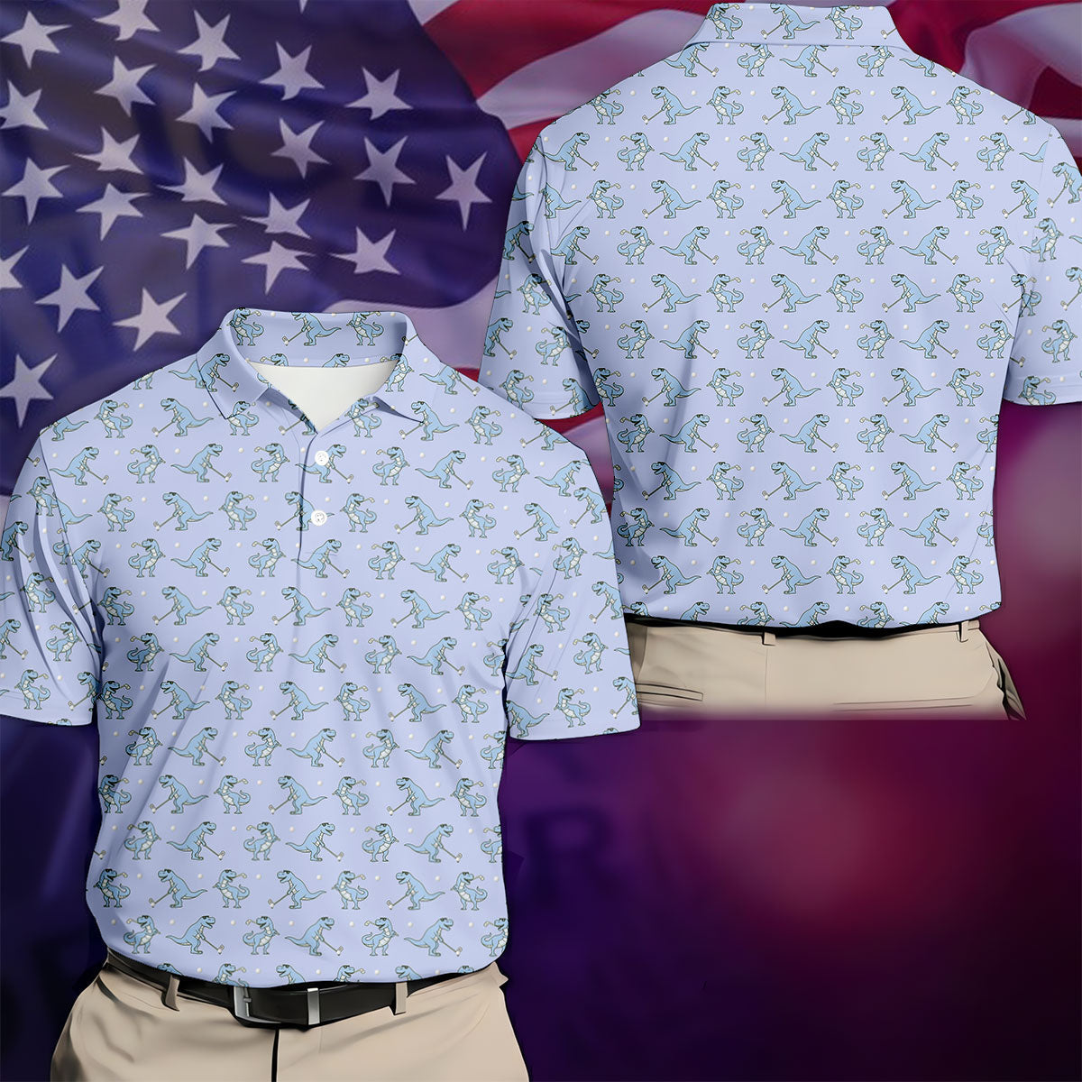 Blue T-Rex Dinosaur Golfer Pattern Golf Polo Shirt, Men's Golf Shirt, Mens Golf Polo