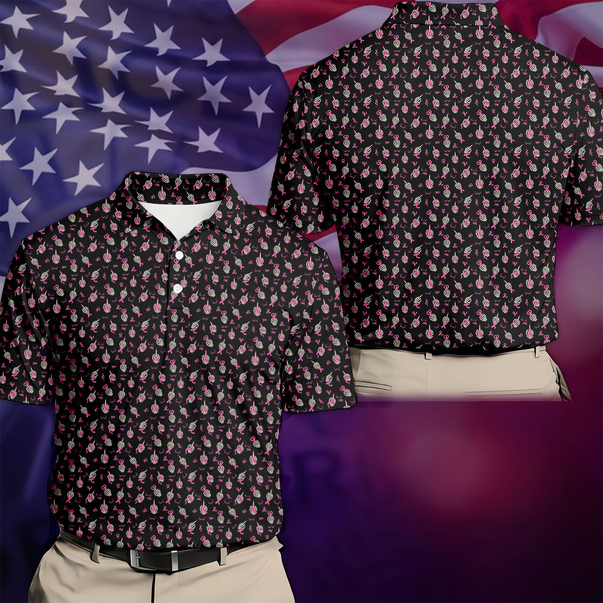 Skeleton Middle Finger Breast Cancer Polo Shirt, Polo Shirts For Men, Mens Golf Apparel