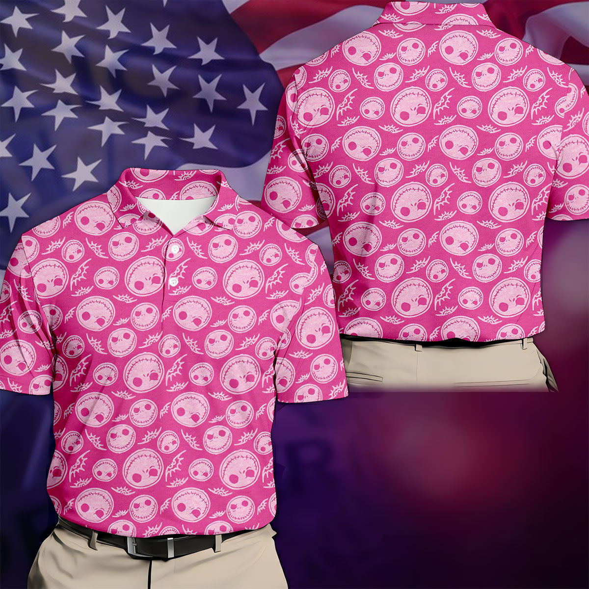 Pink Stitched Skull Halloween Golf Polo Shirt, Golf Shirts For Men, Mens Golf Apparel