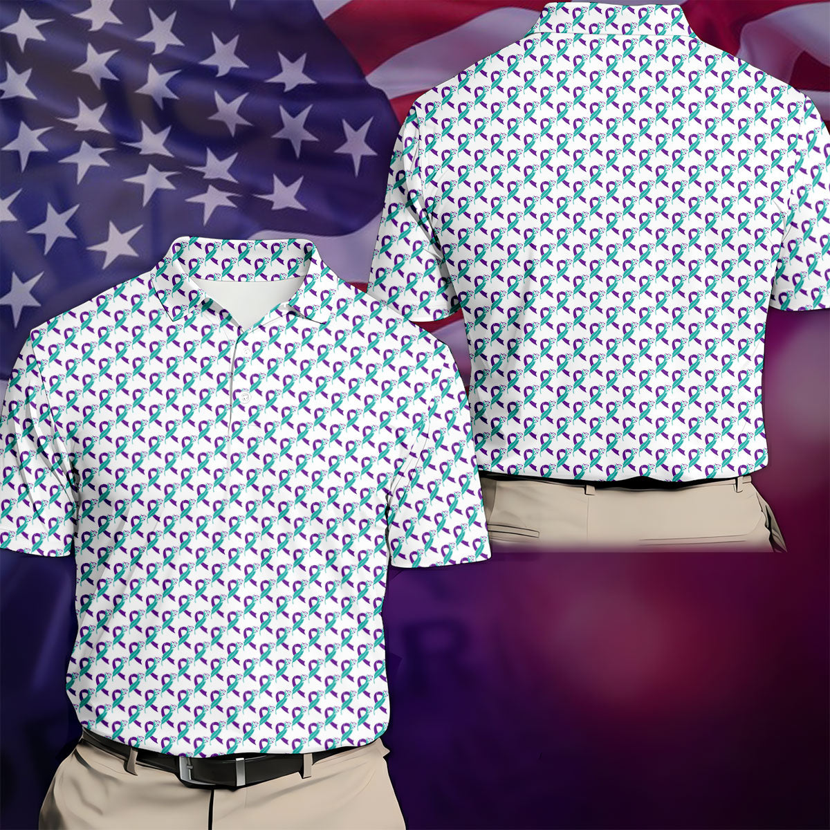 Suicide Awareness Feather Ribbon Pattern Mens Golf Polo, Golf Shirts For Men