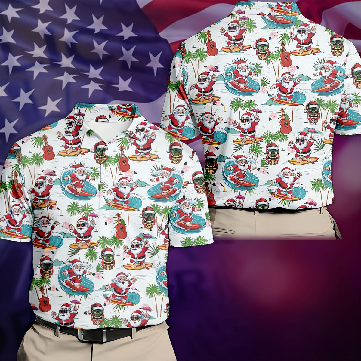 Surfing Santa Tropical Christmas Golf Shirt, Christmas Golf Shirt, Golf Apparel For Men