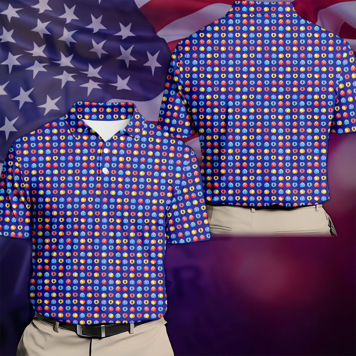 Funny Peach Emoji Pattern Golf Polo Shirt, Men's Golf Polo Shirt, Novelty Golf Shirts For Men