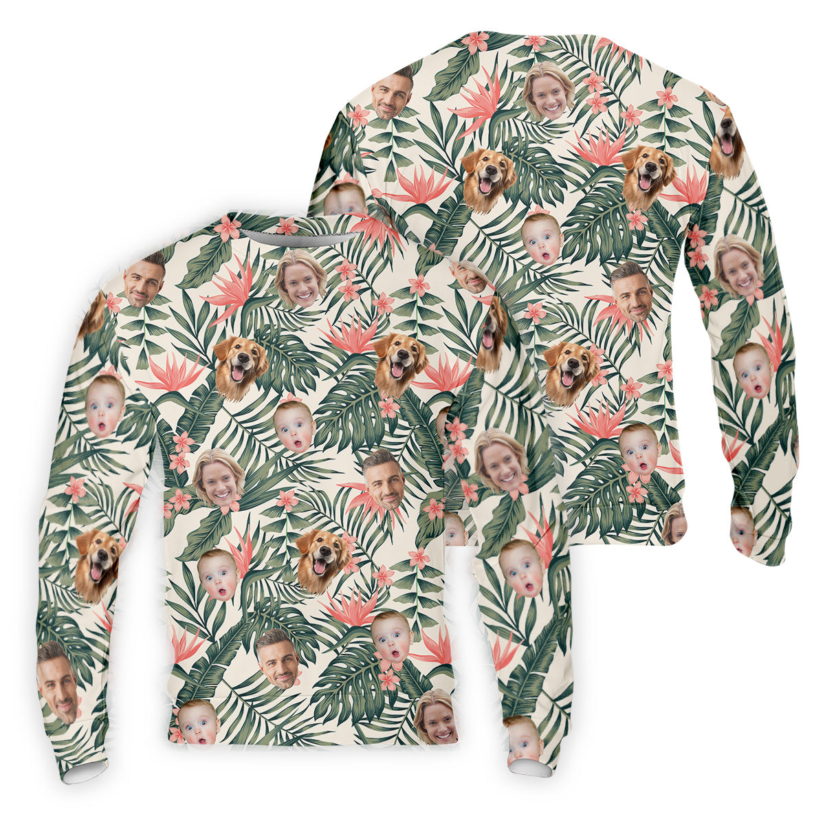 Tropical Floral Pattern Custom Hawaiian Shirts With Face, Men Polo Shirt, Long Sleeve Golf Shirts