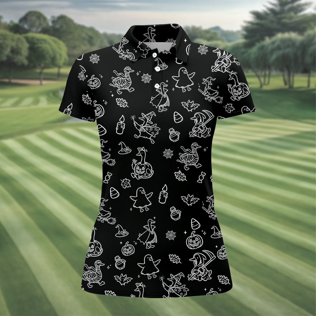 Goose Halloween, Doodle Pattern, Black Golf Polo, Sleeveless Womens Golf Shirts, Ladies Golf Shirts