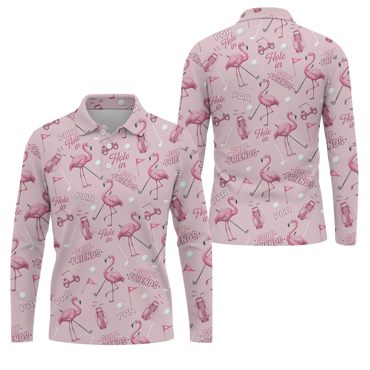 Pink Flamingo Customized Golf Polos, Fun Men's Golf Polos, Hawaiian Golf Shirts, Golfing Apparel