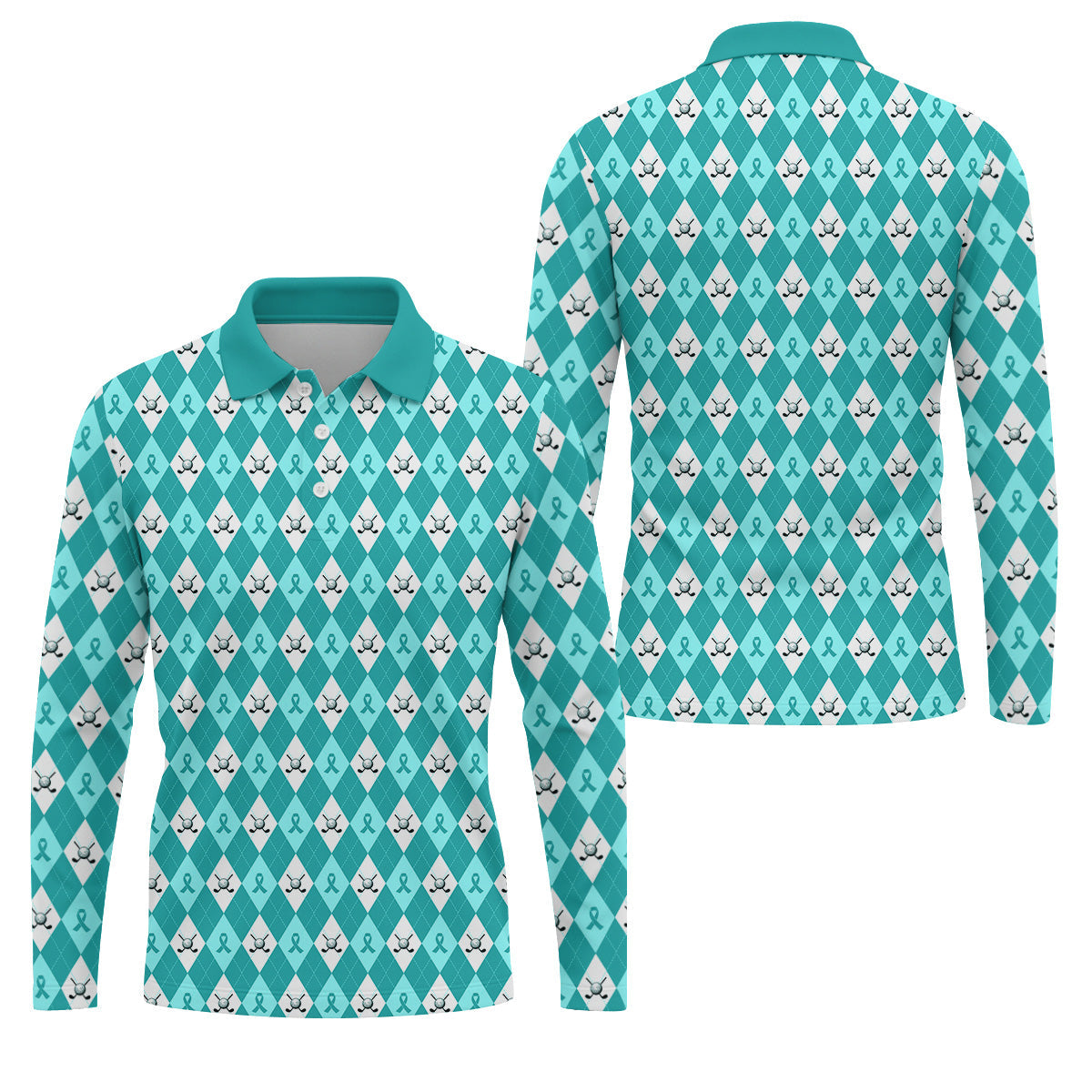 Ovarian Cancer Teal Argyle Men's Golf Polo Shirt, Ovarian Cancer Awareness Shirt, Golf Gift For Men
