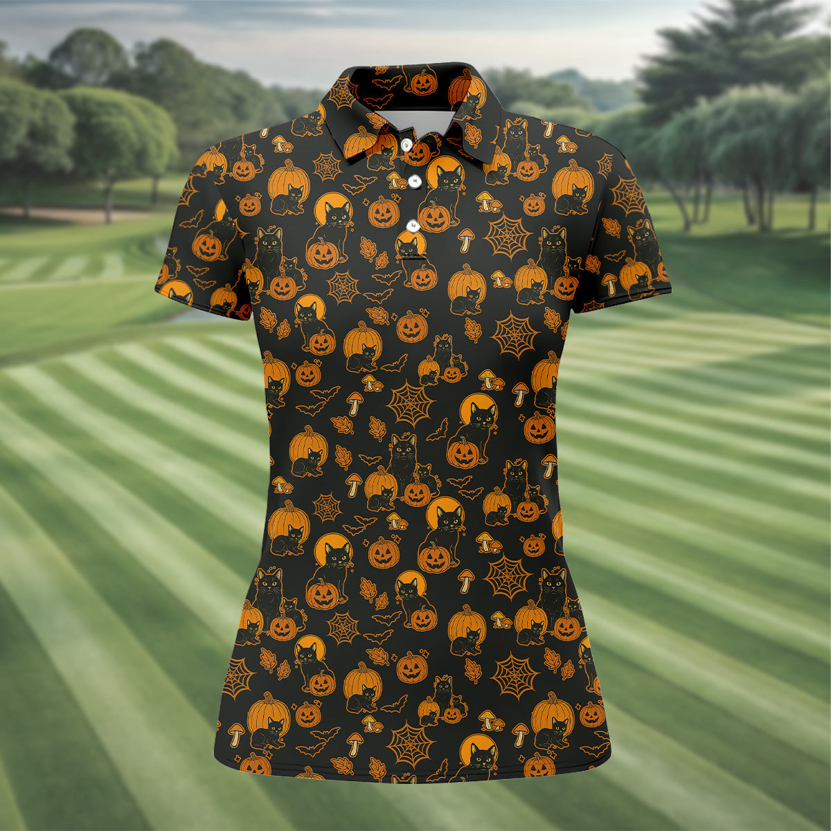 Black Cat Pumpkin Fun Womens Golf Shirts, Sleeveless Polo Shirt, Ladies Golf Shirts, Golf Hoodie