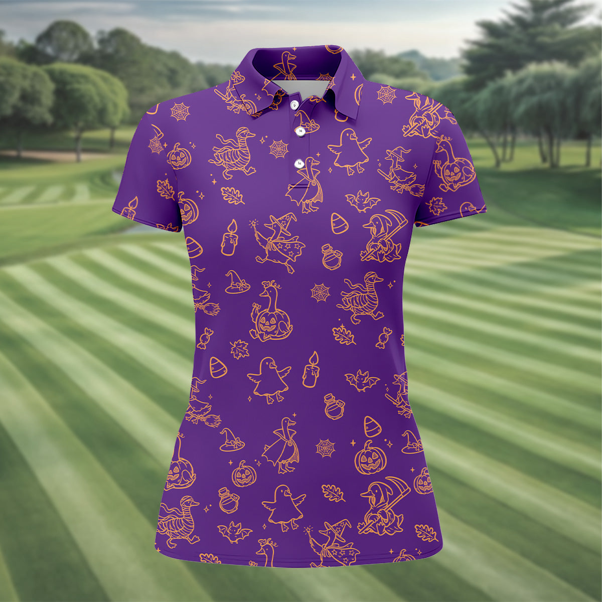 Goose Halloween, Doodle Pattern, Purple Golf Shirt, Sleeveless Womens Golf Shirts, Women Golf Top, Ladies Golf Shirts