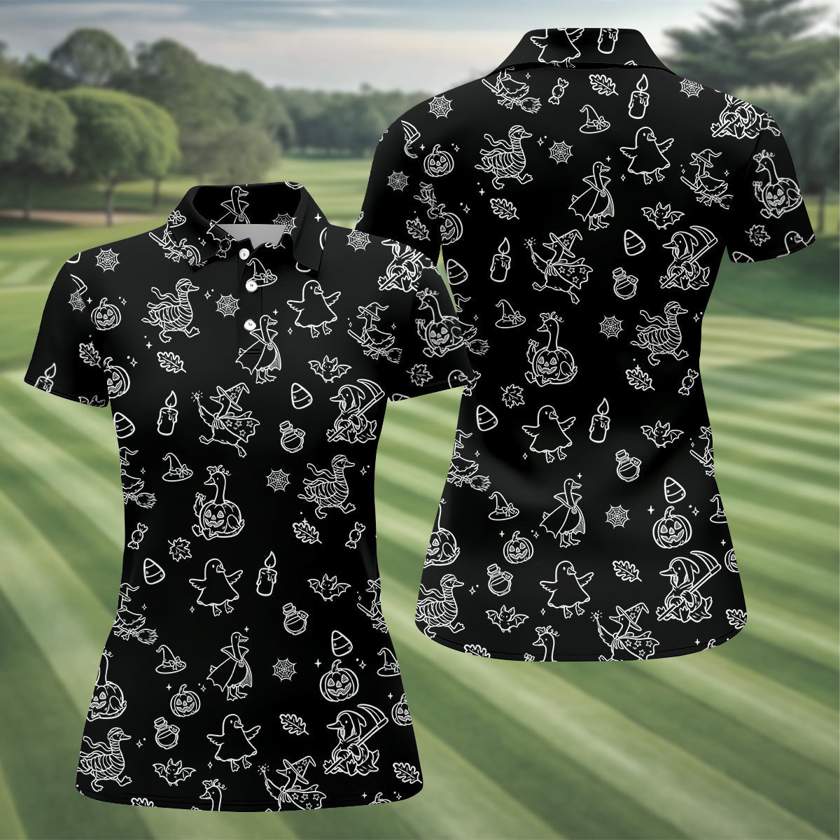 Goose Halloween, Doodle Pattern, Black Golf Polo, Sleeveless Womens Golf Shirts, Ladies Golf Shirts