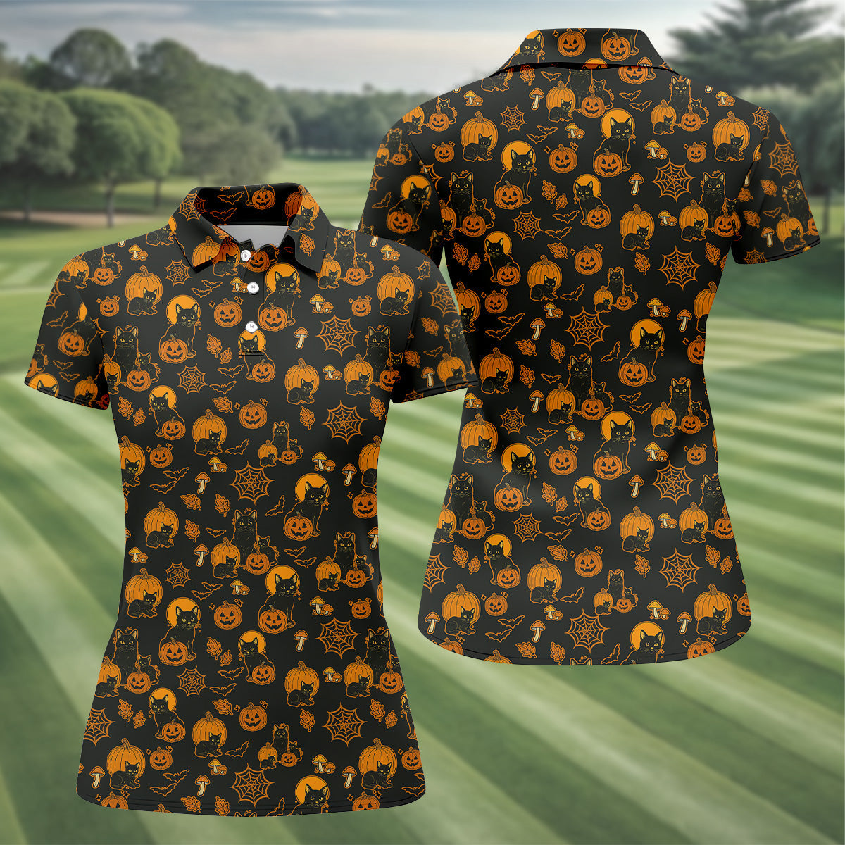 Black Cat Pumpkin Fun Womens Golf Shirts, Sleeveless Polo Shirt, Ladies Golf Shirts, Golf Hoodie