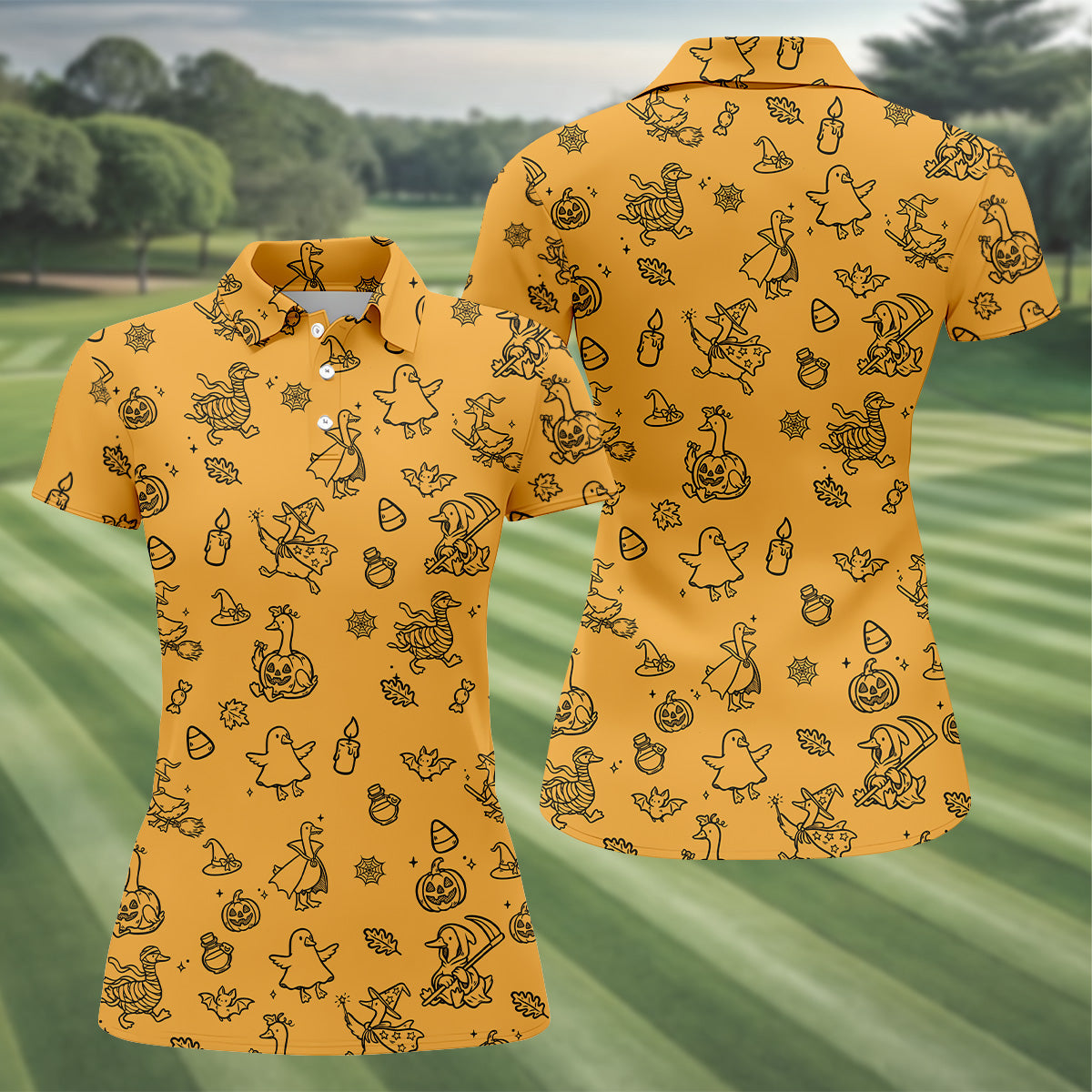 Goose Halloween, Doodle Pattern, Yellow Golf Shirt, Sleeveless Womens Golf Shirts, Women Golf Top, Ladies Golf Shirts